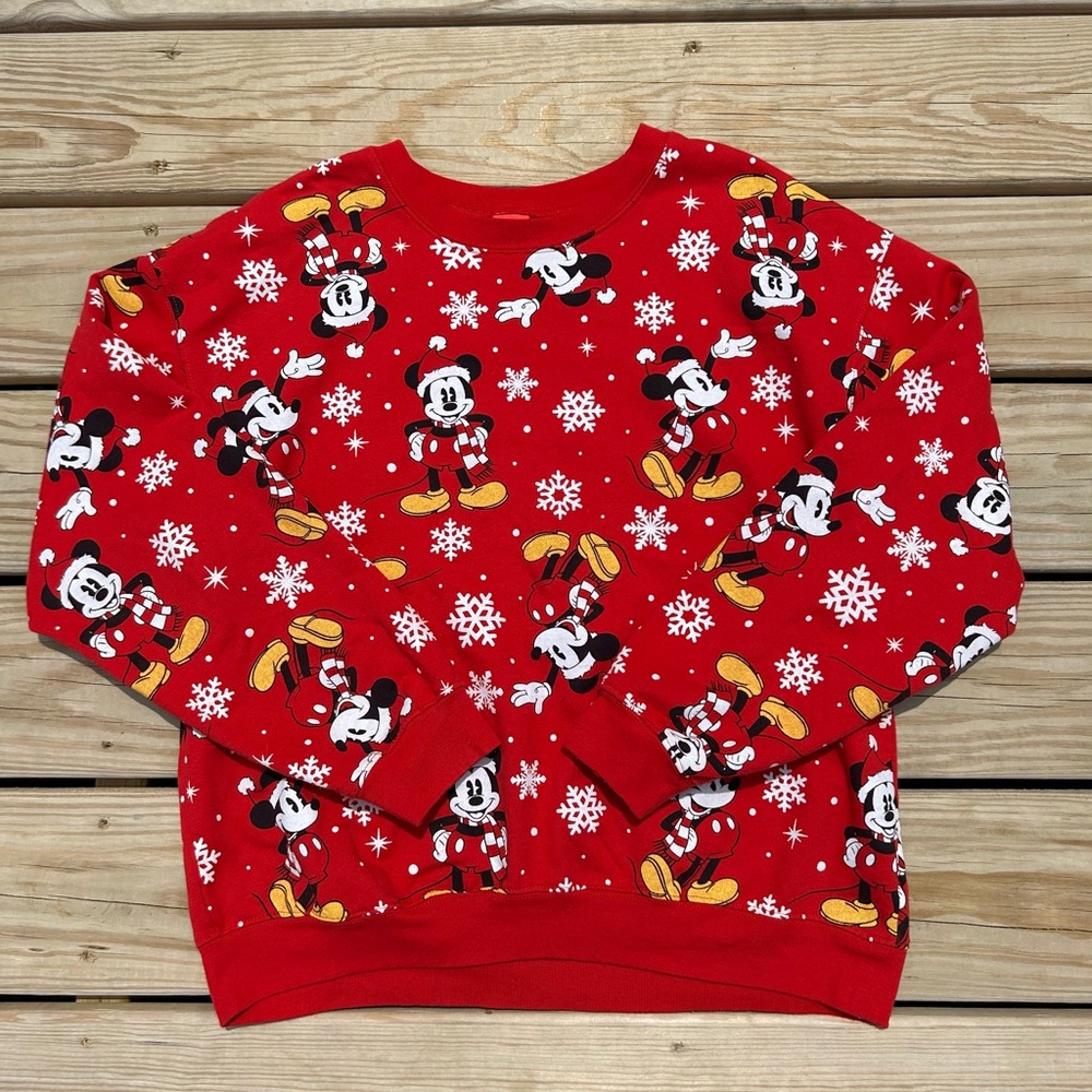 Disney Mickey Mouse All Over Print Christmas Crewneck Sweatshirt Women’s Size L‎